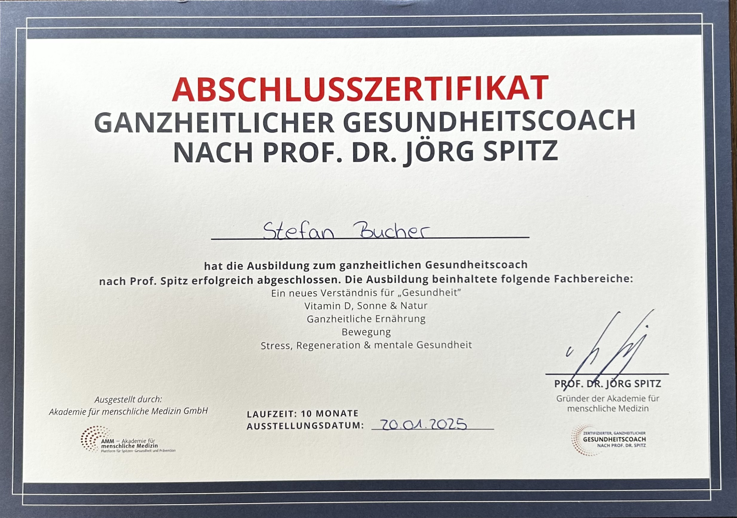 Abschlusszertifikat Ganzheitlicher Gesundheitscoach von der Akademie für menschliche Medizin